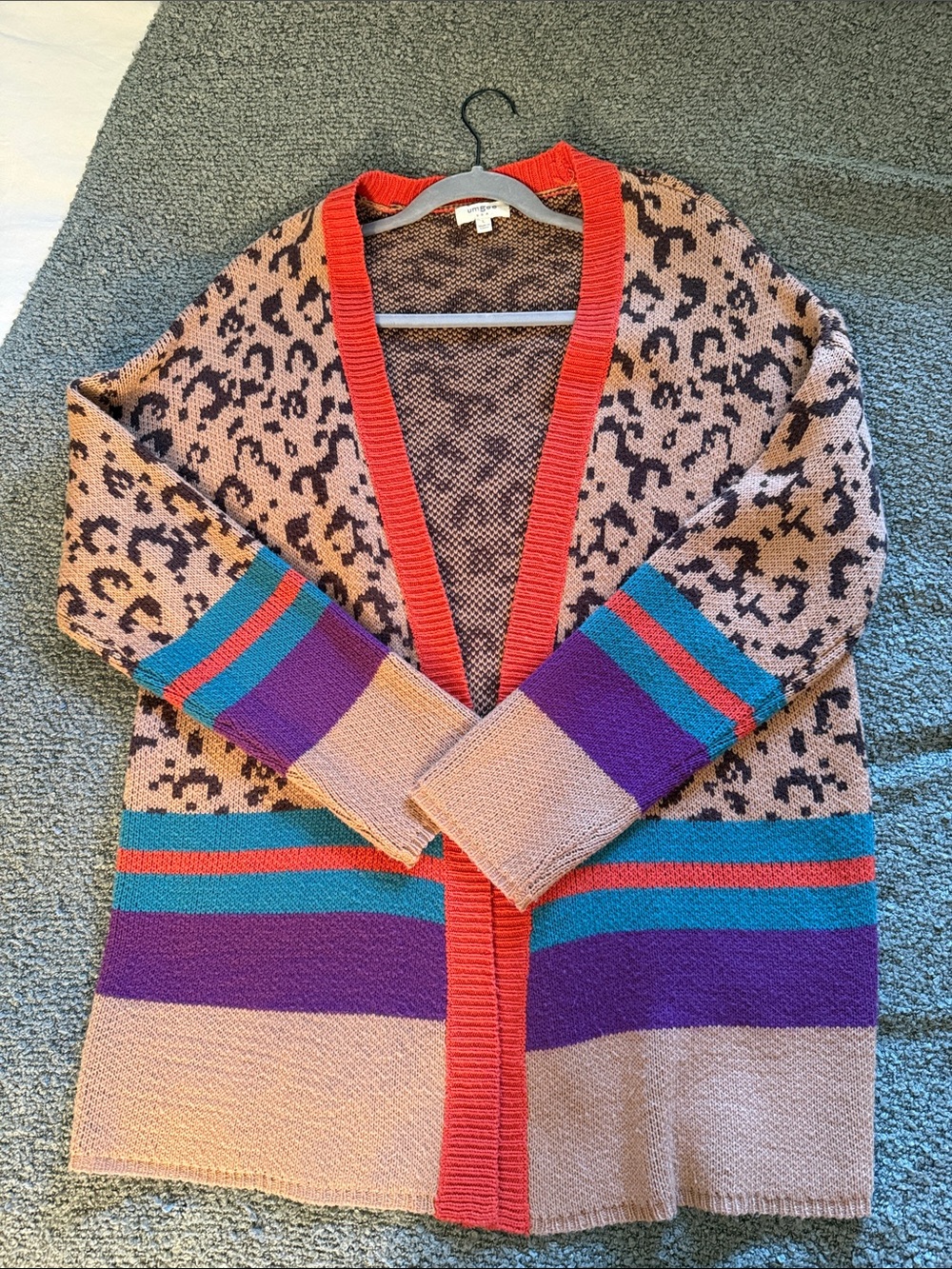 Umgee Leopard Open-Front Cardigan with Red, Teal and Purple Trim